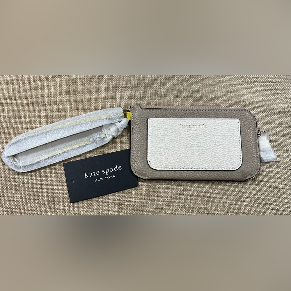 NWT Kate Spade Ava Colorblocked coin card case Leather cream yellow Tiger’s Eye